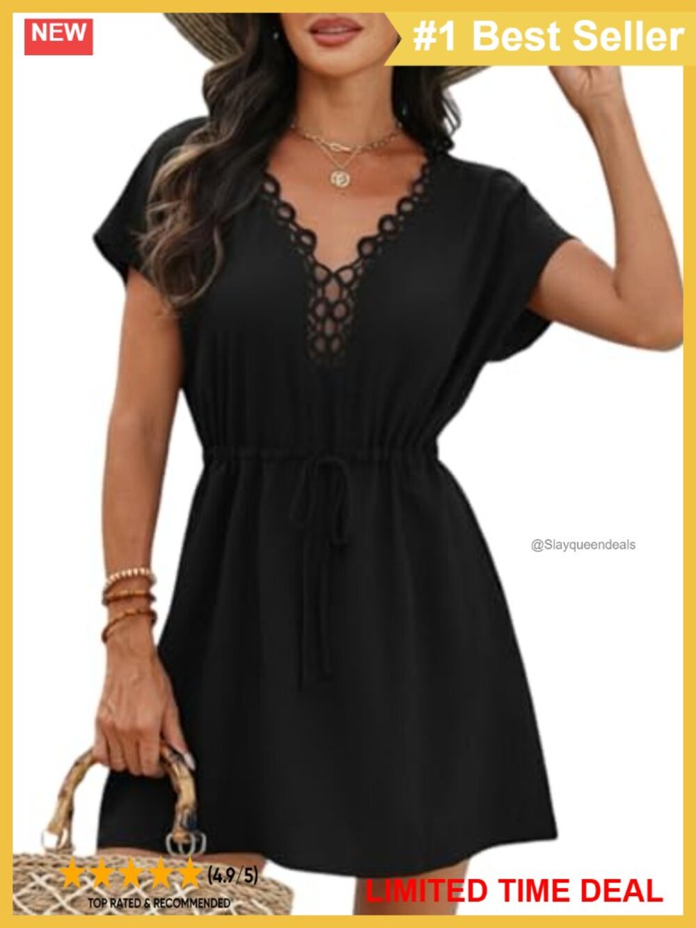Lace Crochet V Neck Short Sleeve Swimsuit Cover Up Beach Dress